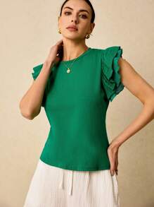 Poéselle Áo thun tay ngắn xếp nếp hai lớp dành cho nữ, áo crop top màu xanh lá cây, được làm bằng chất liệu thoải mái, có tay áo viền sóng thêu màu tương phản, thích hợp mặc khi đi nghỉ và mặc hàng ngày - màu xanh lá - Xem 4