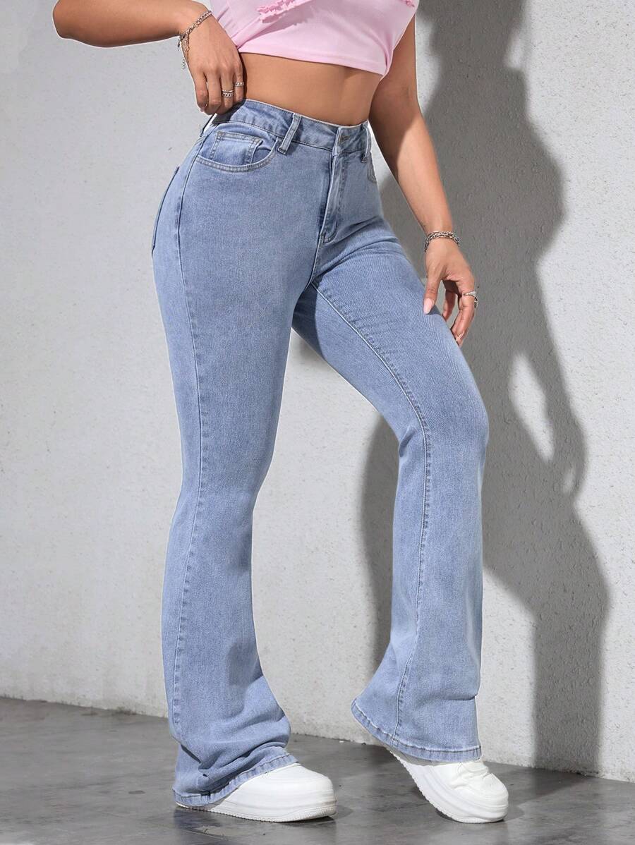 SHEIN PETITE Quần Jeans Ống Loe Ôm Dáng Thường Ngày Cho Nữ - Rửa nhẹ - Xem 1