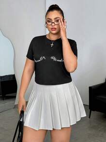 SHEIN EZwear Plus Size Black Print Slim Fit Stretchy Short Sleeve T-Shirt,Black And White,Autumn,Casual,Everyday Women's Y2k Tops For Summer,Spring,Old Money Style - Black - View 4