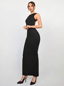 Aloruh Women's Elegant Black Backless Dress With Long PU Leather Belt Decoration,Casual Night Out Summer Autumn Clothing,Fashionable Prom Graduation Dress - Black - View 4