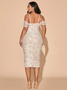 SHEIN BAE 大码女式蕾丝 V 领褶饰紧身派对礼服，优雅露肩性感鸡尾酒会礼服，适合春夏季、毕业礼服、女士生日礼服