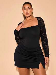 SHEIN BAE Plus Size Women's Elegant Black Lace Patchwork Sheer Long Sleeve Bodysuit,Formal Autumn Evening Night Out Club Outfit, Party Wedding Daily Wear - Black - View 6