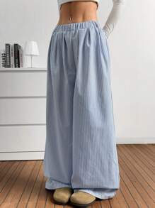 SHEIN EZwear Women's Elastic Waist Pocket Striped Minimalist Casual Long Pants, Daily Wear