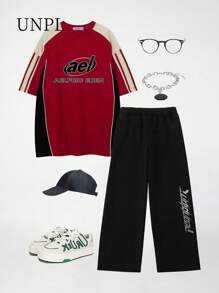 SHEIN 青少年男孩宽腿时尚图案运动裤 - 黑色 - 查看 1