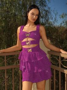 EgrlEra Vestido de fiesta corto para mujer con aplicaciones de mariposa brillante y diseño recortado - Rosa - Ver 3
