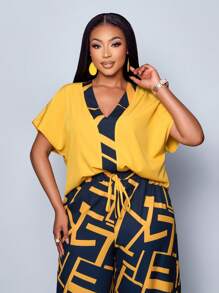 Maweii 2025 大码女装几何图案印花拼布衬衫和印花阔腿裤套装两件套新款几何图案度假海滩度假休闲野餐音乐会音乐节返校季 - 黃色 - 查看 6