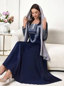 Modelyn Women's Long Retro Print Split Hem Dress - Navy Blue - View 1