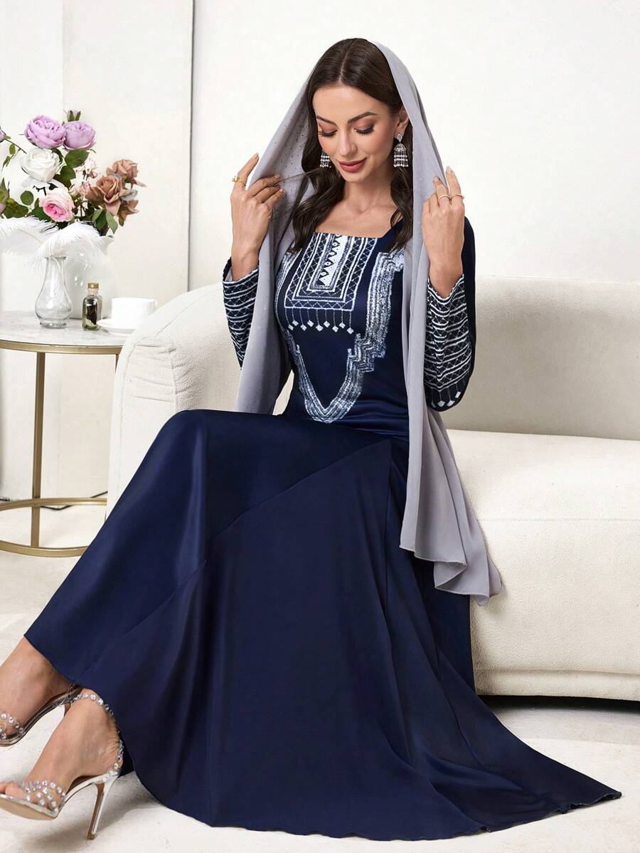 Modelyn Women's Long Retro Print Split Hem Dress - Navy Blue - View 1