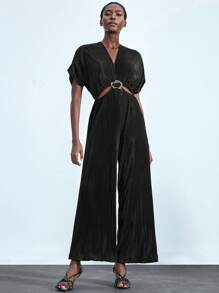 Lumivelle 1 件女式深 V 领金属装饰连体裤，女式褶皱时尚百搭编织黑色优雅连体裤 - 黑色 - 查看 1