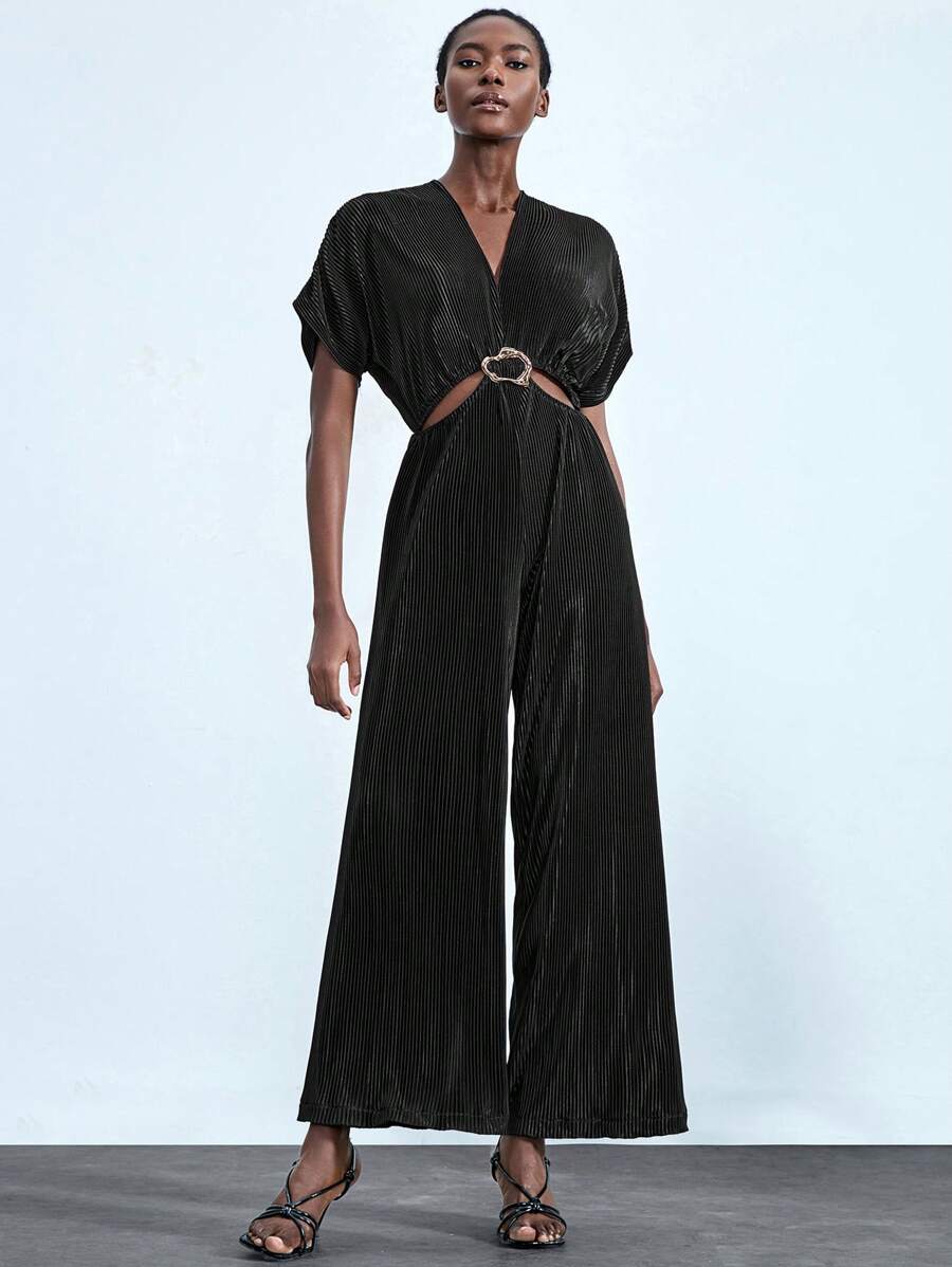 Lumivelle 1 件女式深 V 领金属装饰连体裤，女式褶皱时尚百搭编织黑色优雅连体裤 - 黑色 - 查看 1