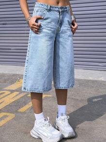 SHEIN Y2K Spring Summer Light Denim Cropped Long Shorts For Teen Girls, Loose Straight Leg Shorts, American High Street Summer New Low Waisted Slim And Wide Leg Mid Length Pants
