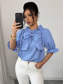 Elenzga New Design Frill Trim Bowknot Women Blouse - Blue - View 5