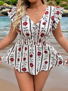 Breezaya 大码波西米亚风女式随机印花 V 领荷叶边袖腰部收口花卉帽袖休闲衬衫，舒适百搭，适合新年、音乐节、情人节、狂欢节、休闲聚会、海滩度假、公园野餐、通勤等。面料舒适，设计时尚，物有所值。，适合夏季