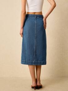 SHEIN Tall 宽松休闲高腰女式牛仔中裙，浅洗牛仔蓝，夏季牛仔裙，侧扣休闲牛仔裙，适合休闲外出 - 中等水洗藍 - 查看 2