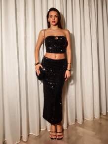 Glamine Women Sequin Crop Top And Skirt 2 Pieces Set - Black - View 3