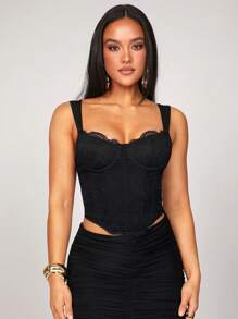 Silquee Women's All-Black Matching Tight Lace Patchwork Bra, Gorgeous Halter Floral Lace Corset Top With Curved Hem, Suitable For Spring Break, Beach Vacation, Night Out, Hangout With Friends, Beach Party, Pool Party, Holiday, Nature Party, Cabin Getaway, Modest Tops,Cute Summer Tops,Lace Top - Black - View 7