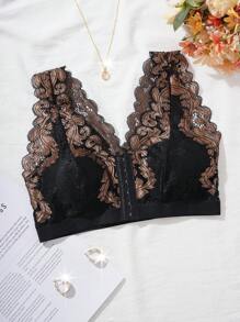 1pc Wireless Lace Front Hook Closure Thin Scoop Neck Seamless Lingerie Bra, Minimized Design For Small Bust - Black - View 6