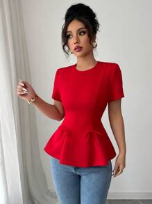 Elenzga Women's Casual Spring Summer Elegant French Style Solid Color Round Neck A-Line Short Sleeve Blouse With Waist Cinching, Bow Decor, Back Zipper - Red - View 3