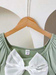 Wildeya Tween Girl T-Shirt, Casual Elegant Basic Green Knit Short Sleeve T-Shirt With Bow And Puff Sleeves, Snug Fit For Outdoor/Holiday Wear, Spring/Summer Young Girls Top