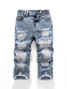 SHEIN Young Boy Distressed Stonewashed Ripped Frayed Loose Fit Blue Denim Jeans, For Kids Spring/Summer - Light Wash - View 7