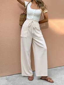 SHEIN Frenchy Women's Solid Color Cotton Frill Trim Waist Tie Utility Pocket Crepe Texture Casual Pants, Sweat-Absorbent And Breathable Spring, Summer Pants, For Daily Wear, French Holiday Winter - Apricot - View 8