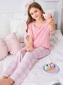 2pcs Girls Casual Heart Plaid Short Sleeve Top With Bow And Pants Set, Home Outfit - Pink - View 6