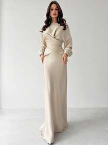 Firerie Váy satin viền bất đối xứng màu mơ thanh lịch dành cho nữ - Màu be - Xem 6