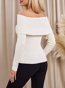SHEIN Clasi 纯色翻领露肩罗纹针织毛衣、长袖上衣 - 米色 - 查看 2