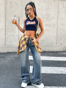 SHEIN Teen Girl Y2K Yellow Plaid Fabric Accessory & Blue Denim Loose Jeans, Spring And Summer Casual Vacation Hobo Wear, Street Cool Denim Pants - Medium Wash - View 6