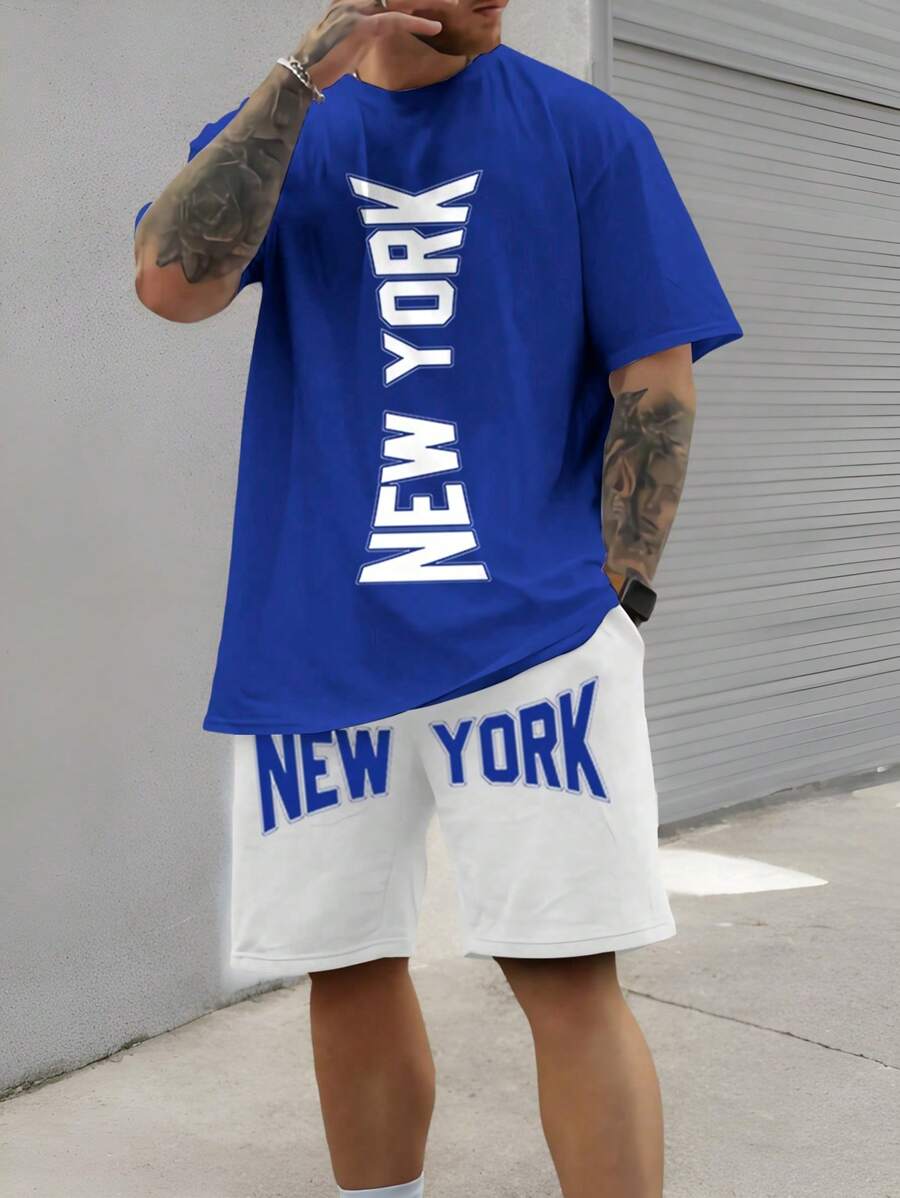 2pcs/Set Tween Boys Solid Color Big Letter Print Short Sleeve Round Neck T-Shirt And Elastic Waist Shorts Outfit, Suitable For Autumn, Spring, Summer, Great For Outdoor Play, School, Street Style, Party And Casual Wear