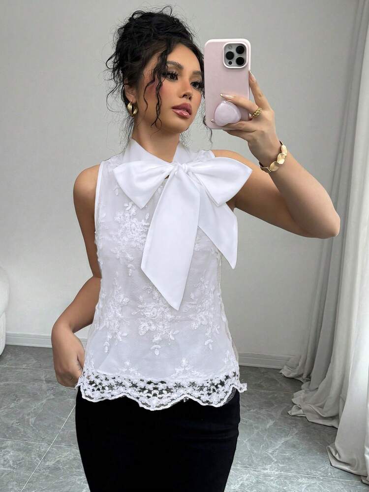 Elenzga Elegante blusa de mujer con volantes, bordado y lazo oversize en color blanco - Blanco - Añade 3