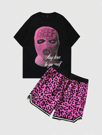 Street Life Set de 2 piezas de camiseta de manga corta con estampado gráfico y pantalones cortos con estampado de leopardo para hombre