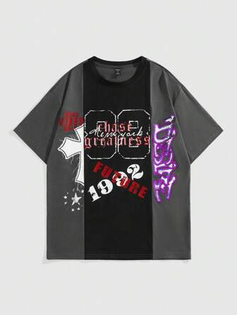 Prep Herren Farbblock T-Shirt mit Buchstaben Muster, Kurzarm