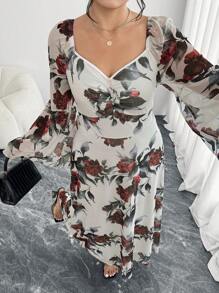 Modelyn Plus Size Elegant Floral Print Flare Sleeve Midi Dress - Multicolor - View 7