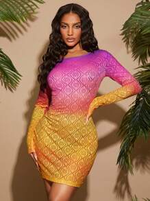 SHEIN SXY 春夏性感波西米亚风渐变镂空蕾丝长袖迷你连衣裙，适合休闲外出、约会、派对、生日、节日、度假 - 彩色 - 查看 3