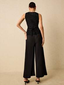 Poéselle Conjunto elegante de 2 piezas para mujer, compuesto por un chaleco de cuello cuadrado de una sola hilera y una falda midi plisada