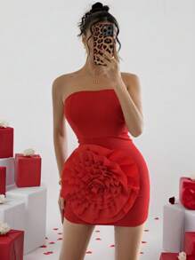 Chiquease 女士优雅 3D 花卉鲜红色紧身连衣裙