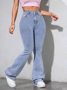 SHEIN PETITE Quần Jeans Ống Loe Ôm Dáng Thường Ngày Cho Nữ - Rửa nhẹ - Xem 6