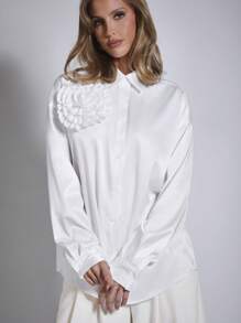 COSMINA Áo cánh dài tay màu trắng họa tiết hoa 3D thanh lịch dành cho nữ, Xuân/Hè - trắng - Xem 3