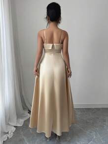 Elenzga 女士时尚新款夏季吊带拉链优雅收腰喇叭裙 - 杏色 - 查看 2