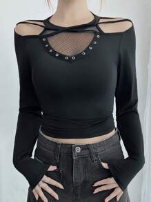 INAWLY Áo thun tay dài hở lưới mắt cá khoét sâu Punk mới cho nữ mùa xuân/hè, áo crop top ngắn bó sát có thiết kế - màu đen - Xem 3