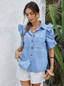 EMERY ROSE Blusa informal de manga corta de mezclilla para mujer, blusas y tops azules de verano para mujer, atuendos de verano, atuendos de primavera, tops de verano, atuendos de vacaciones, ropa occidental para el Día de San Patricio, atuendos de concierto, atuendos de rave, ropa bohemia de festival, atuendos playeros, tops de salida para mujer