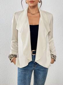 SHEIN Clasi Women's Satin Elegant Apricot Oversized Collar Cuff Leopard Patchwork Asymmetrical Lightweight Jacket - Apricot - View 1