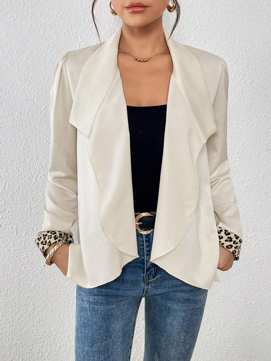 SHEIN Clasi Women's Satin Elegant Apricot Oversized Collar Cuff Leopard Patchwork Asymmetrical Lightweight Jacket - Apricot - View 1