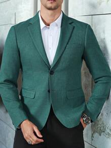 Manfinity Mode 男士前扣开襟长袖纯色领休闲西装夹克 - 綠色 - 查看 5