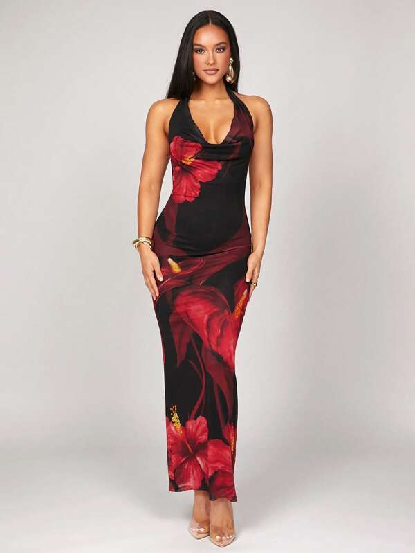 Silquee Spring And Summer Knit Dress Warm Red Floral Print Dress Pink Anthurium Print Dress Tiger Lily Print Dress Print Mesh Backless Dress, Floral Maxi Dress, Summer Outfits For Women, Beach Outfits For Women, Women Beachwear, Spring Break Dress, Summer Maxi Dress, Holiday Maxi Dress,Summer Dresses For Women