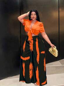 Maweii Plus Size 2pcs Set: V-Neck Short Sleeve Tie Blouse Top And Printed Pants - Multicolor - View 3