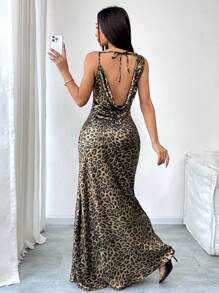 Calvaya Elegante abito lungo da donna con schiena aperta, stampa leopardata dorata, adatto per appuntamenti, feste e uso quotidiano, sexy