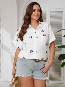 SHEIN Frenchy Áo sơ mi tay ngắn hở phía trước họa tiết quả anh đào Boho cỡ lớn, thường ngày, dành cho mùa hè - trắng - Xem 4