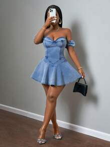 Slaydiva Spring And Summer New Style Casual Street Cute Daily Date Puff Cap Sleeves One Shoulder Wrap Chest Sweetheart Neck V Hem Ruffle Hem Light Blue Women's Denim Dress-EE